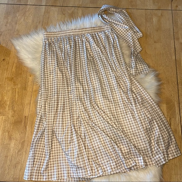 Vintage Beige Houndstooth Pleated Midi Skirt w Belt Tie L - Picture 2 of 10